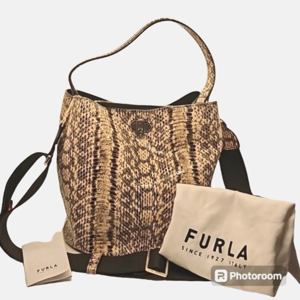 Rare FURLA Danae 2-way Snakeskin Leather Bucket Bag Shoulder Cross…